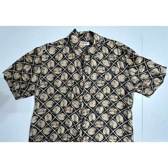 Vintage Summa 100% Silk Black Gold Button Up Casual Shirt Diamond Leaf Pattern M - Picture 3 of 6
